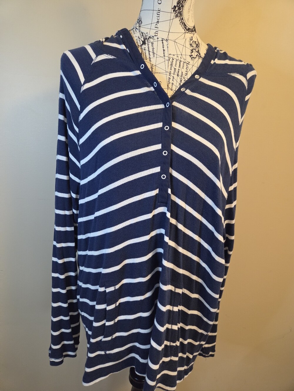 Old Navy Womens XXL Blue White Striped Hooded Henley Long Sleeve Nautical Top